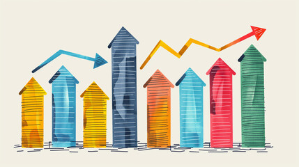 Colorful friendly cute design with arrows buildings as chart graphic showing growth of real estate, positive building company concept background with copy space