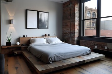 A modern bedroom with a platform bed, nightstands, and minimalist decor.