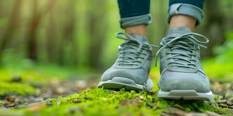 Promoting a Healthy Lifestyle with Eco-Friendly Hiking Shoes for Outdoor Running in the Forest. Concept Eco-Friendly, Hiking Shoes, Healthy Lifestyle, Outdoor Running, Forest