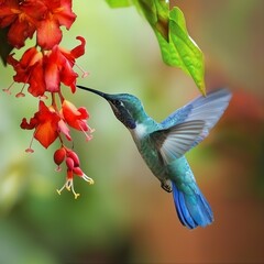 Fototapeta premium A hummingbird is sipping nectar from a vibrant fuchsia flower, frozen in a moment of beauty. Red Flowers Capturing the Essence of Nature's Delicate Balance