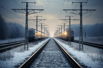 Fototapeta premium Image of a long railroad track and a german ICE train. Generative AI tools