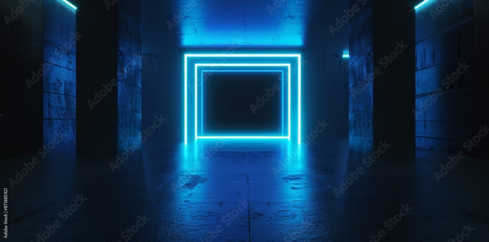 Poster a 3d rendering of a blue light corridor hallway spaceship with a dark background. ideal for advertis