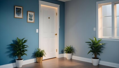 White wooden door against gray wall, with a small framed artwork. Small potted plant in the corner, captured in HD.