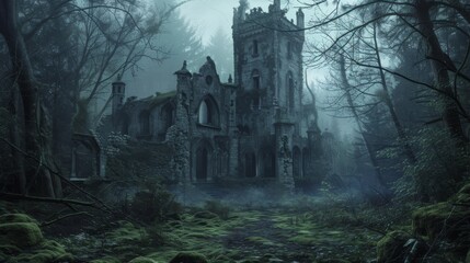 Obraz premium An eerie, abandoned castle stands in the midst of a dense, dark forest, An old, abandoned castle surrounded by a dark, moody forest, AI Generated