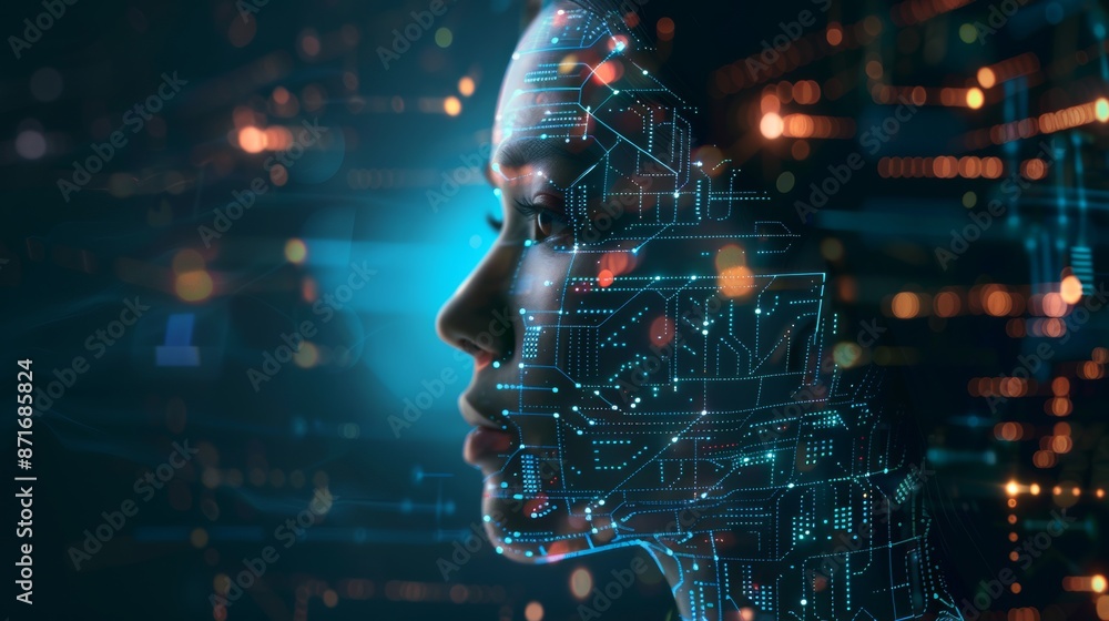 Poster it is a humanoid robot, stock, or stock that is thinking, analyzing, or storing data with glowing co