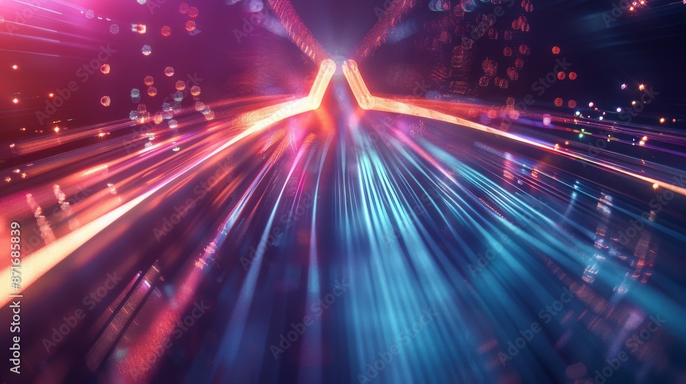 Poster abstract futuristic background with blue and green glowing neon moving wave lines and bokeh lights. 