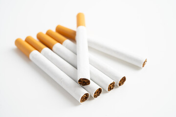 Cigarette on US dollar banknotes, cost, trading, marketing and production, No smoking, import export concept.