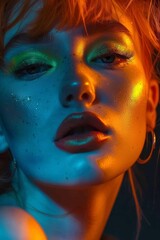 Portrait with UV light, glowing accessories and makeup on a woman