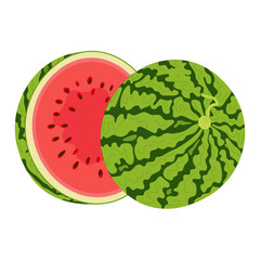 Two watermelon halves. Ripe red cut watermelon. Hand drawn Trendy flat style isolated half fruit organic natural dessert, healthy sweet red juicy Sliced summer fruit. Vector illustration
