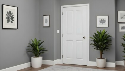 Gray wall, white wooden door, small framed artwork beside it. Corner has a small potted plant, all in HD detail.
