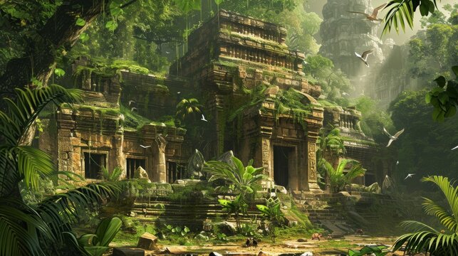 A painting featuring a dense jungle environment with an ancient stone temple standing at the center, An ancient stone temple overrun by the jungle, accompanied by exotic wildlife, AI Generated