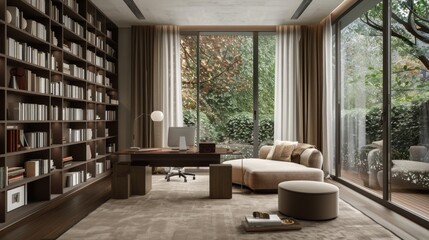 Fototapeta premium Modern Home Office with Large Bookshelf
