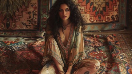 Bohemian Woman in Flowing Dress Sitting on Rug