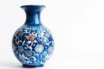 Blue ceramic vase with folk painting ideal for interior decor and flower arrangements