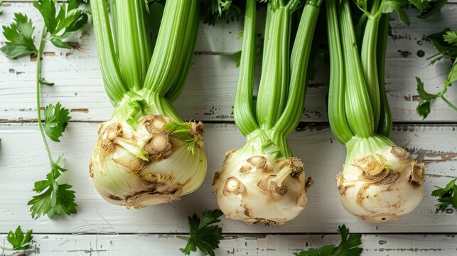 Three whole celery roots with green stalks are on a white wooden surface