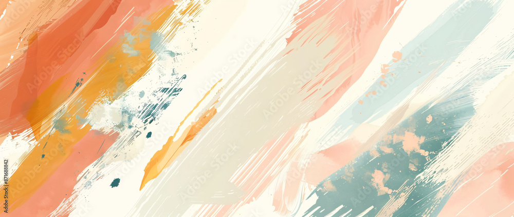 Poster abstract background with colorful brush strokes and shapes, using a white, cream and beige color pal
