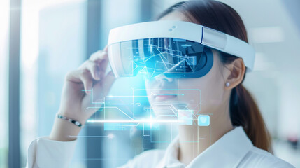 Businesswoman using AR glasses for immersive presentations.