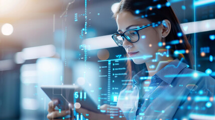 Businesswoman utilizing edge computing technology for real-time data analysis.