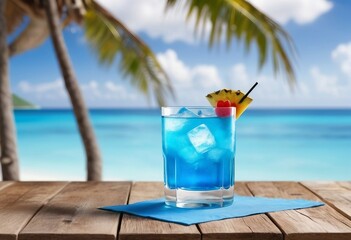 colorful tropical cocktail glass on old wooden board with blue view, ad shot, copy space for text, glossy and blurry background