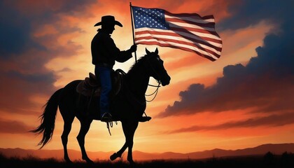 silhouette of a cowboy on a horse holding an American flag, dramatic sunset colors painting the sky with warm hues
