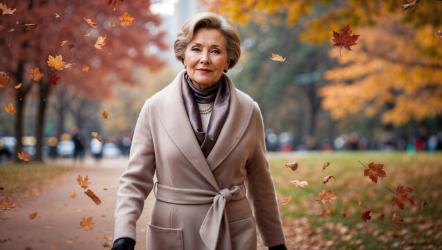 Donna anziana elegante a passeggio in un parco di una citt&agrave; con colori autunnali e foglie che cadono dagli alberi