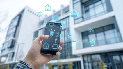 A hand holding an iPhone with holographic smart home features and digital data connections