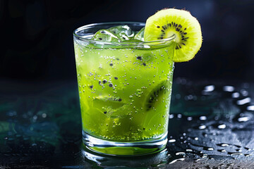 Fototapeta premium Refreshing Kiwi Cocktail with Ice and a Kiwi Slice