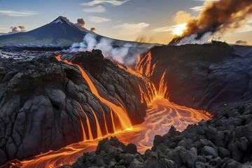 Volcano. Volcanic eruption. Natural disaster. Close up volcano eruption. A small active volcano erupting lava and fire, creating a dark explosion amidst the mountain landscape. Volcanology magma