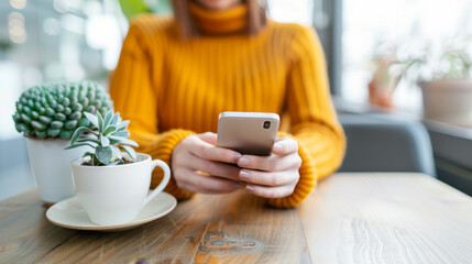 Woman browsing shopping apps in stylish cafe, urban digital shopping experience