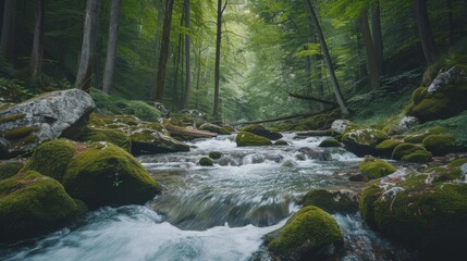 Fototapeta premium A rapid river courses through a forest filled with vibrant green foliage and moss-covered rocks, Rapid river flowing between moss-covered rocks in the middle of a scenic forest, AI Generated