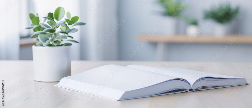 Poster mockup of brochure spread on minimalist table for print designs display.