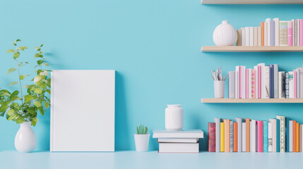 Blank book cover mockup on a bookshelf for design showcasing