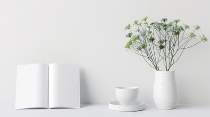 Minimalist table showcasing open brochure spread for print designs.