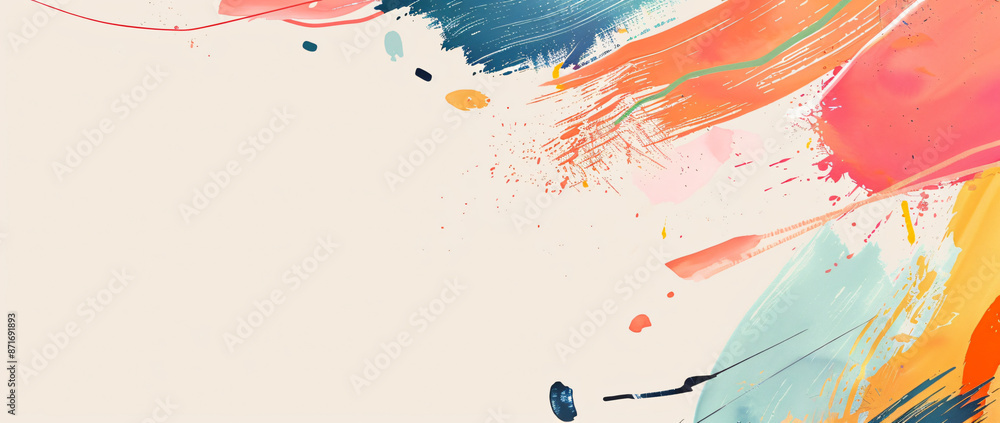 Poster abstract background with colorful brush strokes and shapes, using a white, cream and beige color pal