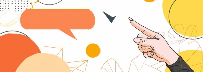 a hand pointing at an orange speech bubble on the left side of page, with some text inside it