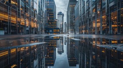 Fototapeta premium Cityscape Reflection in Puddle