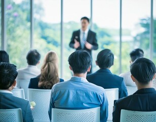 Professional business presentation in a conference room setting, with a corporate seminar atmosphere and a speaker addressing a professional audience