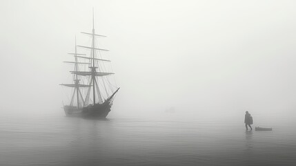 Fototapeta premium A monochromatic image of a sailboat navigating through the fog. The tall mast pierces through the misty atmosphere, creating a serene and mysterious scene