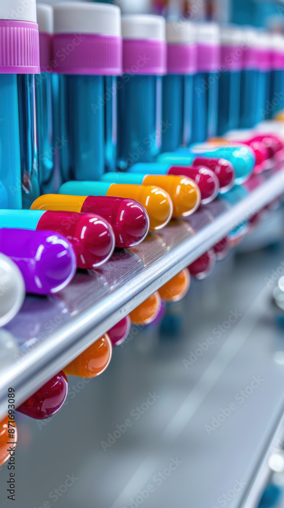 Poster a row of colorful pills are displayed on a shelf