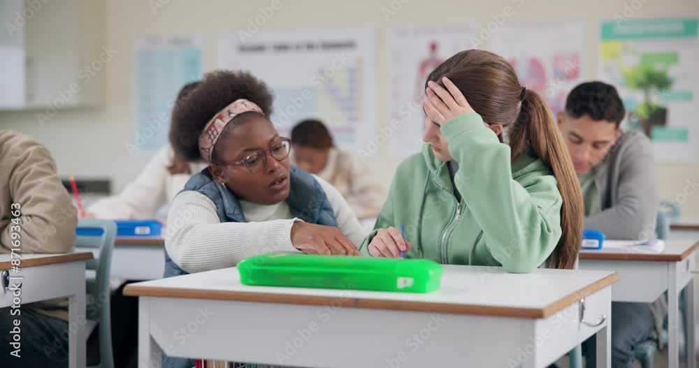 Poster High school, teacher and girl at desk with help for learning, test notes and support for project. Advice, woman and student studying for exam in classroom with knowledge, information and attention