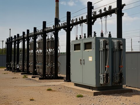 A transformer at an electrical substation. Transmission of electricity.
