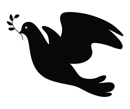 recommend clip art: Dove silhouette icon. Black shape of pigeon. Vector flying dove with olive branch on white background