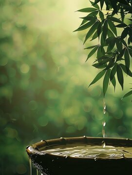 A relaxing background with a bamboo fountain and green leaves, ample copy space