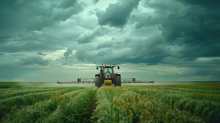 Fototapeta premium Tractor spraying field with pesticides at sunset in countryside generated with AI