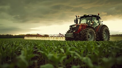 Tractor spraying field with pesticides at sunset in countryside generated with AI
