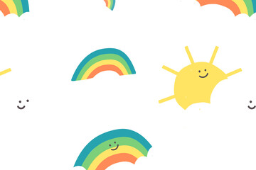 Rainbows png cute seamless pattern background colorful weather with happy face for kids