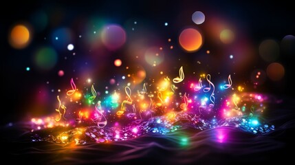 Colorful abstract background with musical notes and key signatures on music portfolio