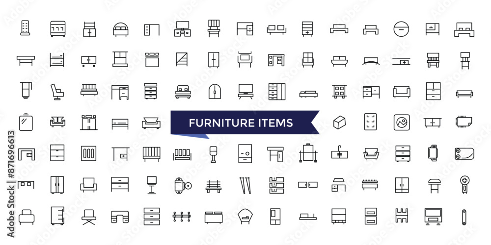 Poster furniture fittings icon set with editable stroke collection for web and ui. line icons pack. vector 