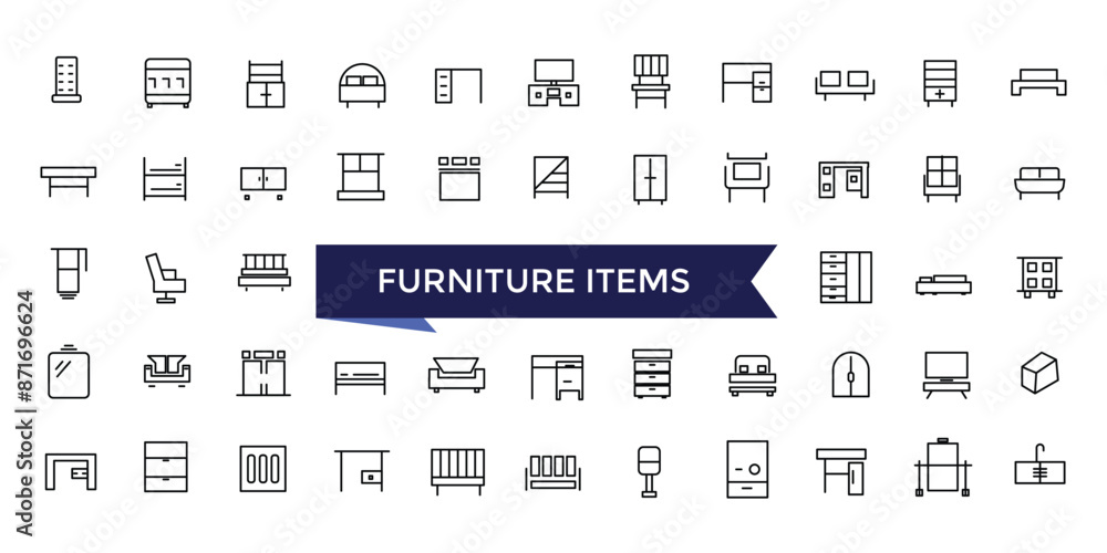 Poster furniture fittings icon set with editable stroke collection for web and ui. line icons pack. vector 