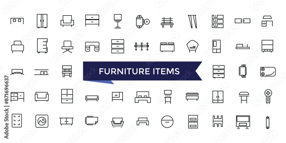 Poster furniture fittings icon set with editable stroke collection for web and ui. line icons pack. vector 